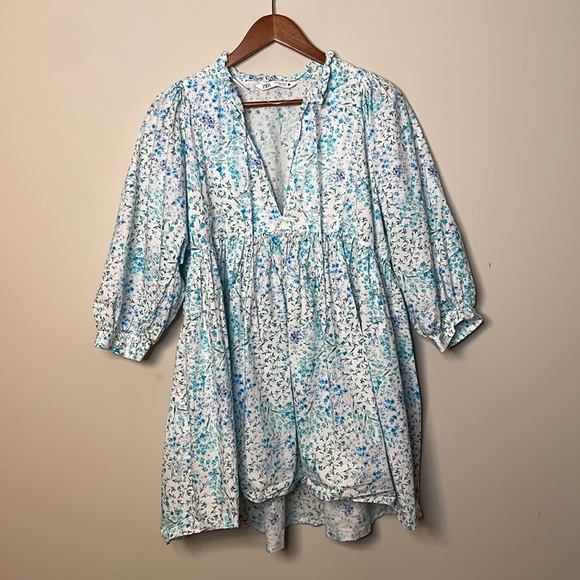 Zara Blue Floral Printed Poplin Babydoll Mini Dress - Picture 8 of 15
